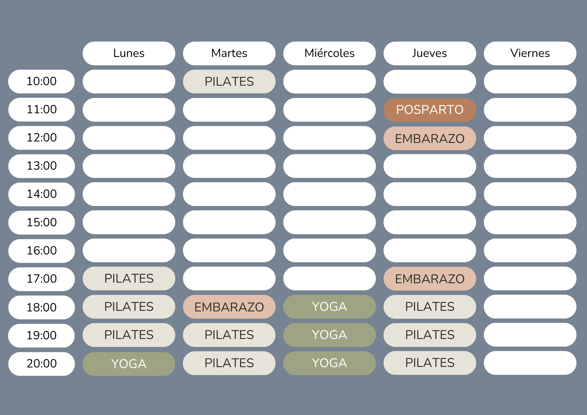 Tablón de horarios de las clases de yoga y pilates en Indima Salud, Sanchinarro.